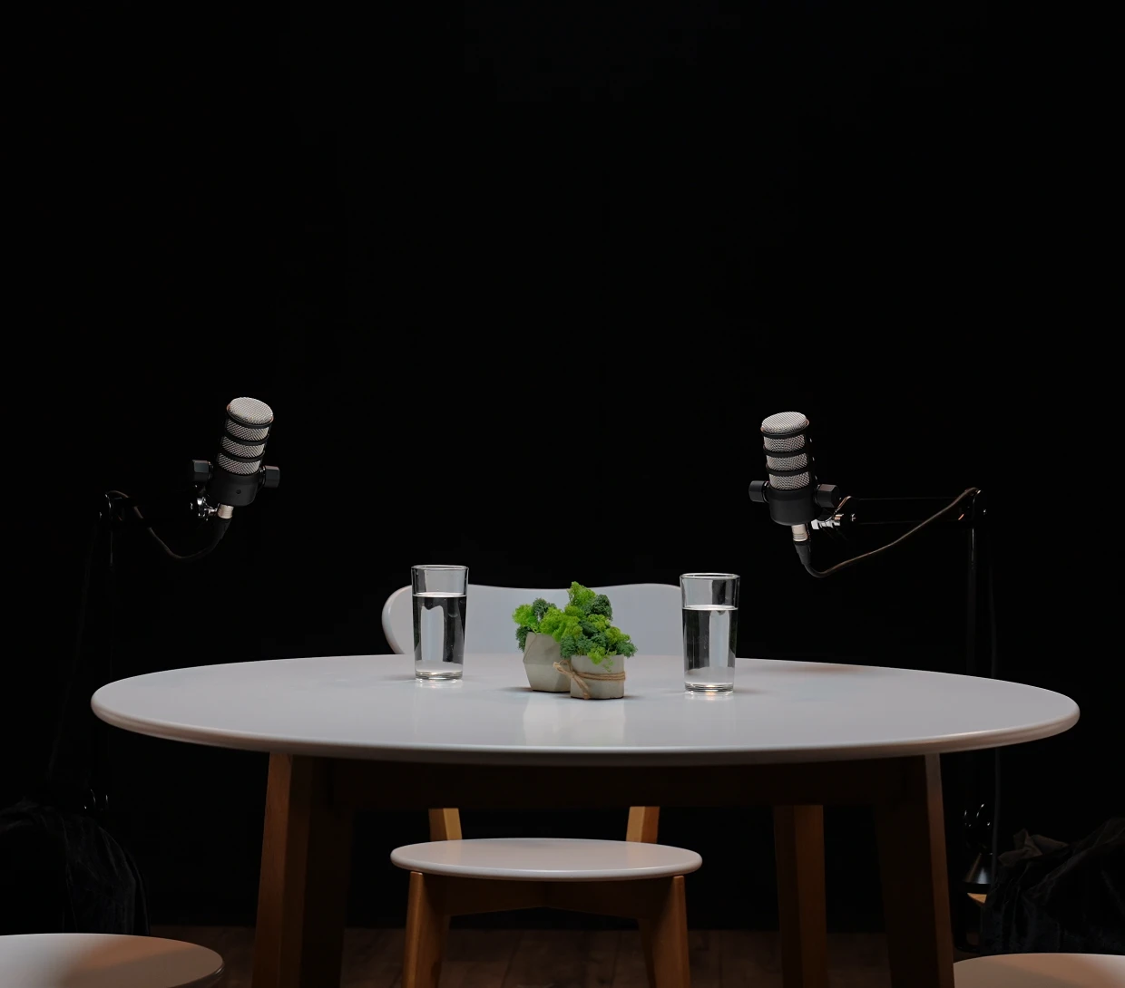 Round table with microphones and plants