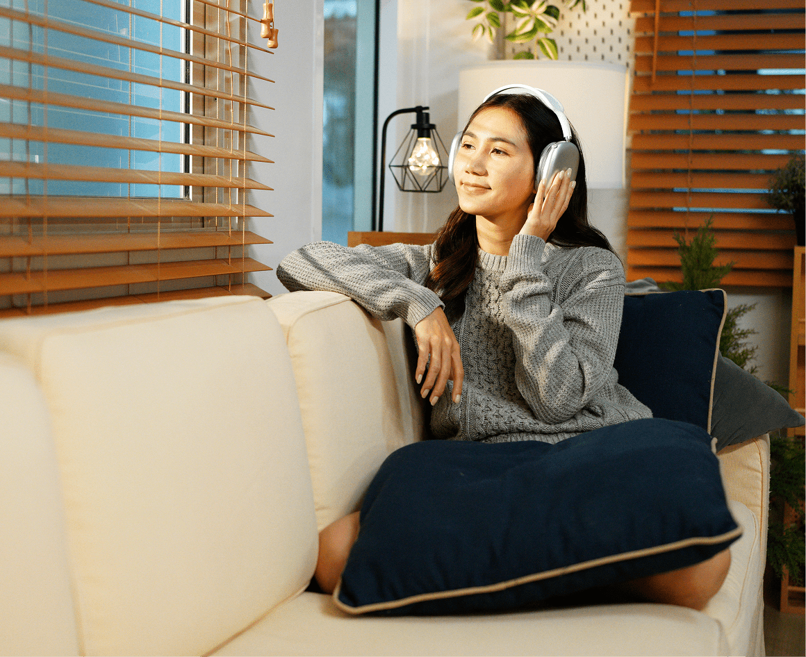 Cozy living room with headphones listener
