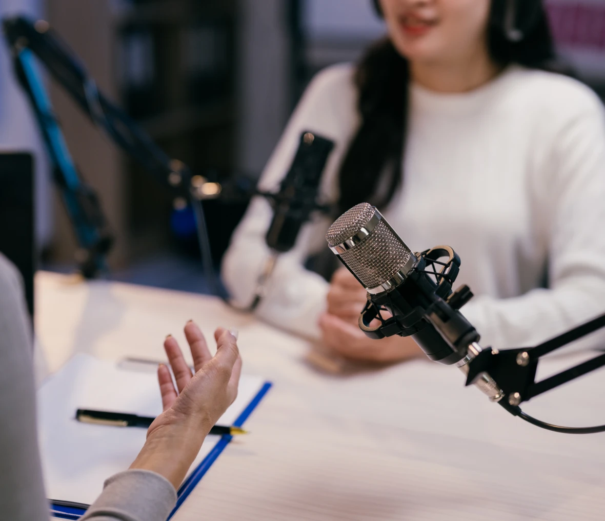 Podcast recording session with microphones